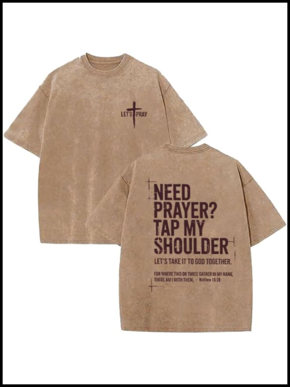Men's Cotton Acid Wash Oversized T-Shirt Let's Pray Cross Short Sleeve Tee